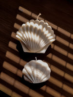 Bougie parfumée en forme coquillage. Décoration de tendance marine pour une ambiance bord de mer. bougie naturelle en cire de soja 100% végétale.